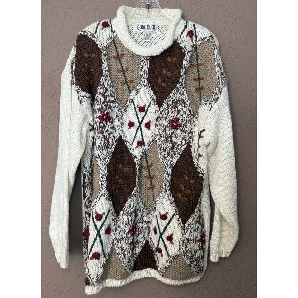 VTG Extra Touch International Hand Knit Chunky‎ Argyle Floral Embroidery Sweater